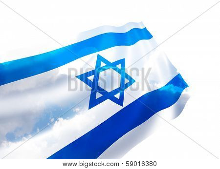 Illustration of Israel flag with sky, waving in the wind