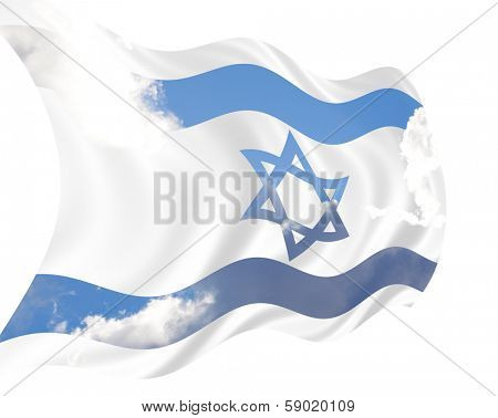 Illustration of Israel flag waving in the wind over cloudy sky