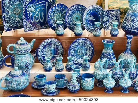 ISTANBUL, TURKEY - JUNE 25, 2010: Grand Bazaar,   Traditional Turkish ceramic tableware, June 25, 2010 in Istanbul, Turkey. Grand Bazaar (founded in 1453) - the largest indoor market in the world.