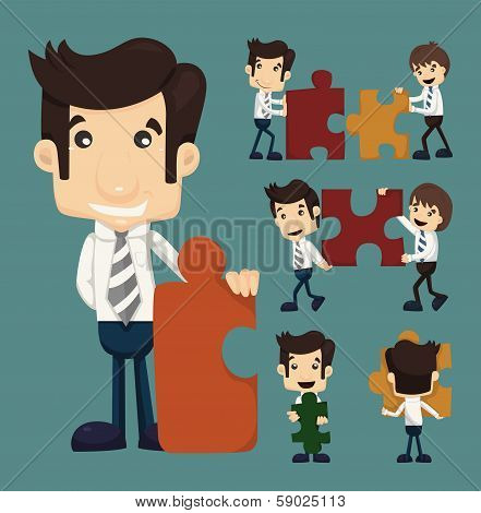 Set Of Businessman Holding Up Jigsaw Puzzle Pieces As A Solution To A Problem
