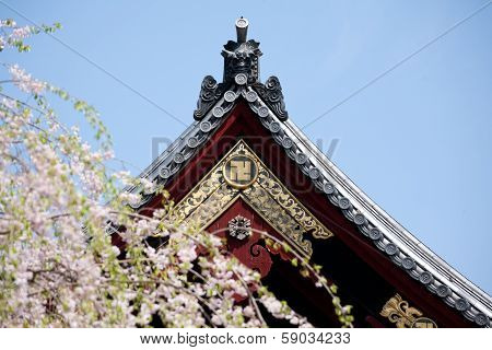 Detail On Japanese Temple Roof Against Blue Sky.
