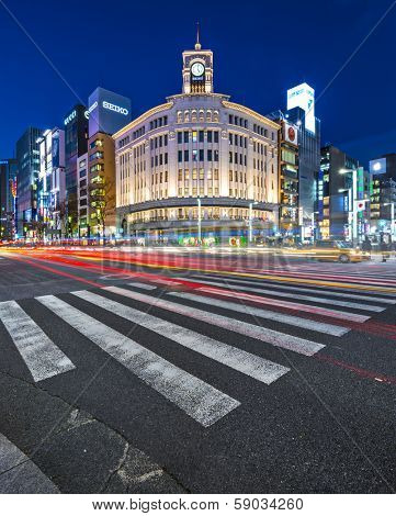 TOKYO, JAPAN - DECEMBER 25, 2012: The Ginza District at Wako Department store. The district offers high end retail shopping.