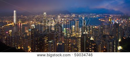 Hong Kong Cityscape At Night Panorama