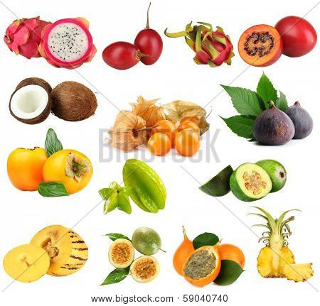 Collage of tropical fruits isolated on white