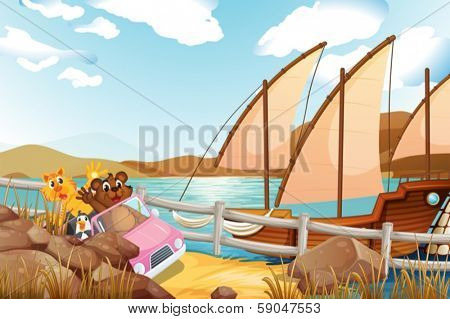 Illustration of a pink car with animals at the riverbank with a ship
