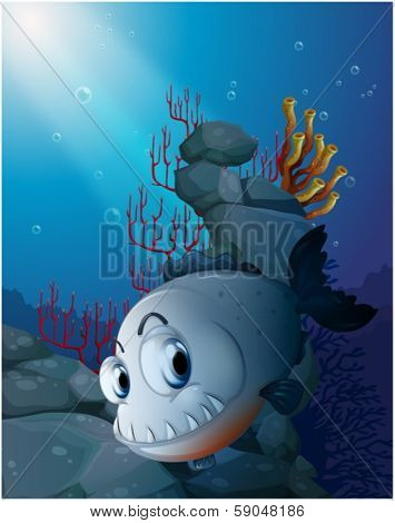 Illustration of a scary piranha near the rocks on a white background