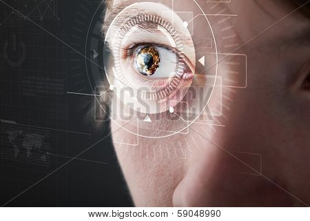 Modern cyber man with technolgy eye looking