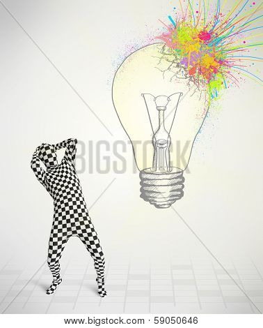3d human character is body suit morphsuit looking at abstract colorful lightbulb