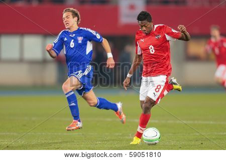 VIENNA,  AUSTRIA - MARCH 22 David Alaba (#8 Austria) runs with the ball during the world cup qualifier game on March 22, 2013 in Vienna, Austria.