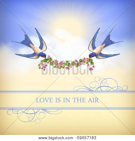 Flying bird, flower garland on sky background