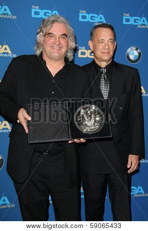 LOS ANGELES - JAN 25:  Paul Greengrass, Tom Hanks at the 66th Annual Directors Guild of America Awards - Press Room at Century Plaza Hotel on January 25, 2014 in Century City, CA