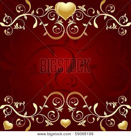 Red Background with golden leaf an hearts