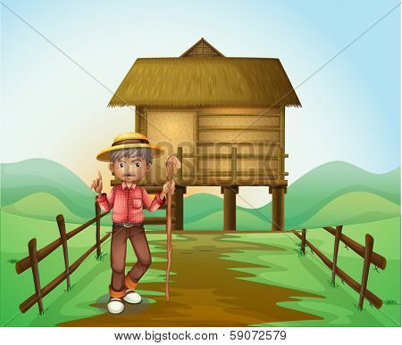 Illustration of an old man with a cane standing in front of the nipa hut