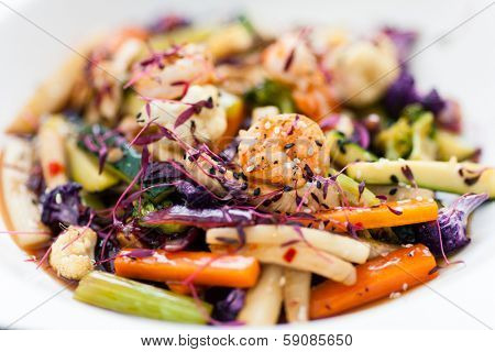 Salad with grilled tiger prawns