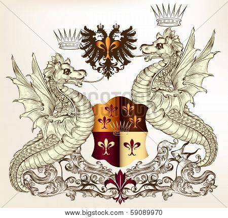 Heraldic Design With Dragons And Shield