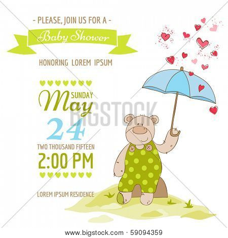 Baby Shower Card - with Baby Bear and Umbrella - in vector