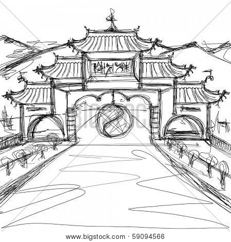 Kung Fu Concept. Sketch background with china