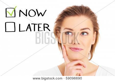 A portrait of a pretty woman trying to make decision over white background