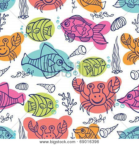 Funny Sea Life.Colored Doodle seamless pattern
