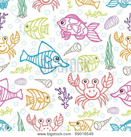 Funny Sea Life and Fish.Colored Doodle seamless pattern