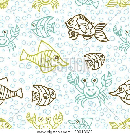 Funny crab and Fish.Doodle seamless pattern,bubble background