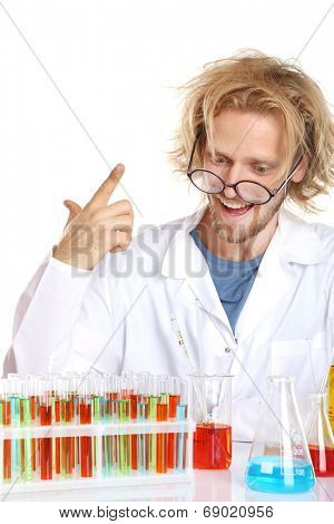 Crazy scientist working with tubes isolated on white