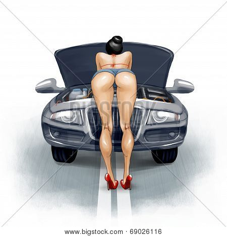 Sexy girl repairs the car