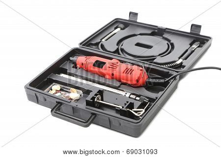 Plastic case with multiple head screwdriver.