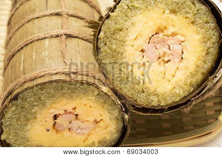 Vietnamese Sticky Rice Cake Warpped In Banana Leaves , Banh Tet