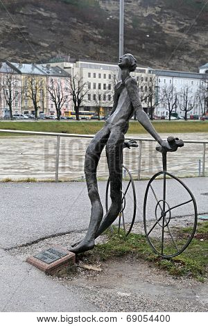 Nude Bronze Statue Of Cyclist In Salzburg, Austria