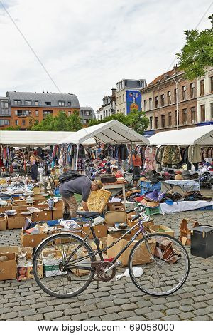 Flea market at Place du Jeu de Balle on July 27 2014 in Brussels.
