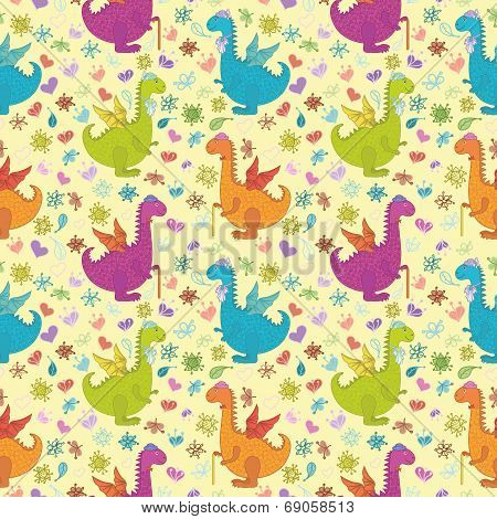 Seamless Pattern, Cartoon Colorful Dragons