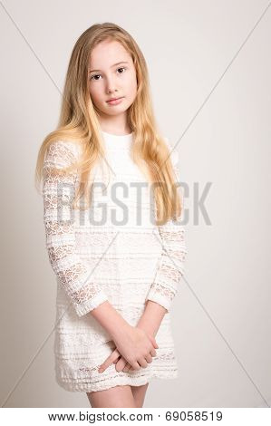 Pretty Young Teenage Girl In White Dress