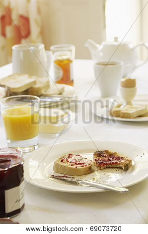 Closeup of breakfast set on table at home