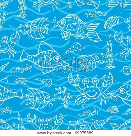 Funny Sea Life and Fish.Doodle seamless pattern