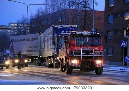 Full Trailer Truck Being Towed In City
