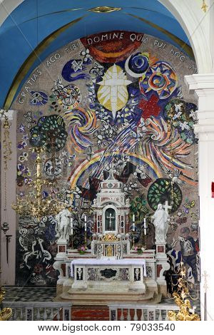 DOBROTA, MONTENEGRO - JUNE 09, 2012: Altar in Catholic Church Saint Eustache in Dobrota, Montenegro, on June 09, 2012