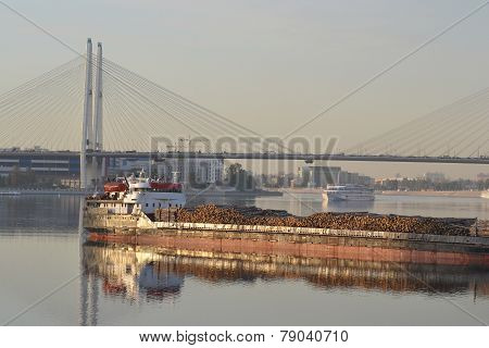 Cargo Ship And Cable-braced Bridge