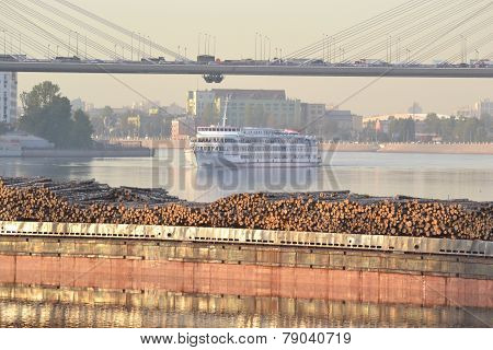 Cargo Ship And Cable-braced Bridge