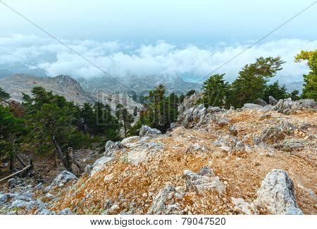 Summer Morning Cloudy Top View Of Mount Aenos (kefalonia, Greece).