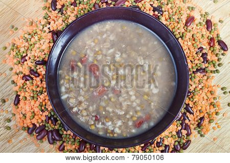 Top View Of Mess Of Pottage In Bowl On Plate