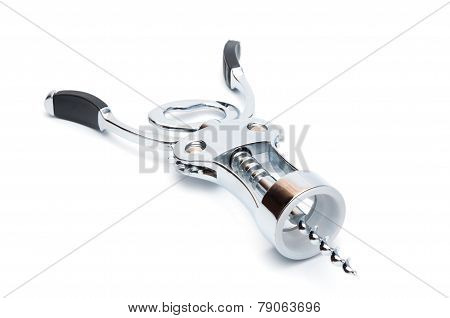 The metal chrome lever-type corkscrew isolated on white.