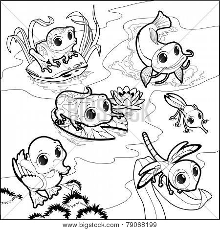 Funny animals in the pond. Cartoon vector illustration in black and white.