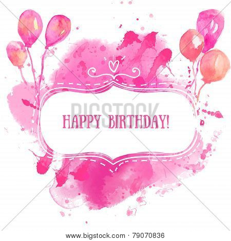 White hand drawn frame with colorful watercolor balloons. Pink paint splash background. Artistic des