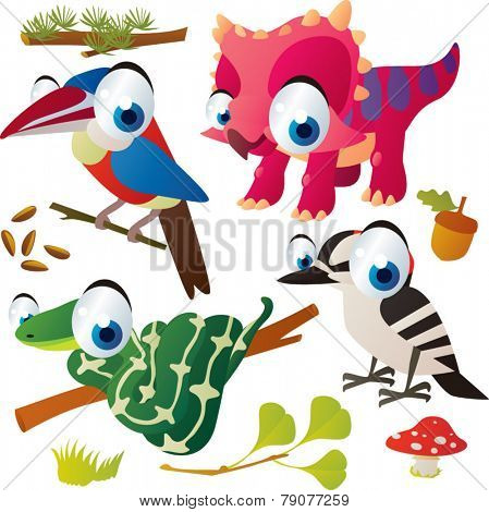 Vector set of isolated cute animals: arasari bird, triceratops, woodpecker, snake