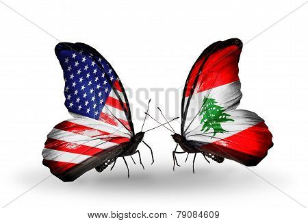 Two Butterflies With Flags On Wings As Symbol Of Relations Usa And Lebanon