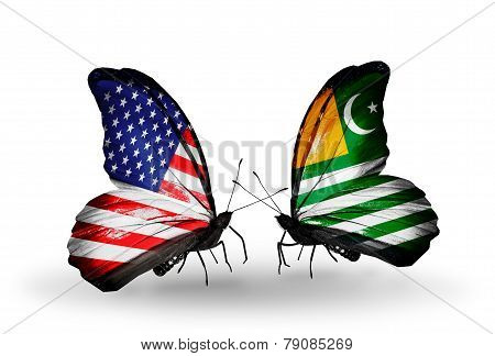 Two Butterflies With Flags On Wings As Symbol Of Relations Usa And Azad Kashmir