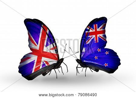 Two Butterflies With Flags On Wings As Symbol Of Relations Uk And New Zealand