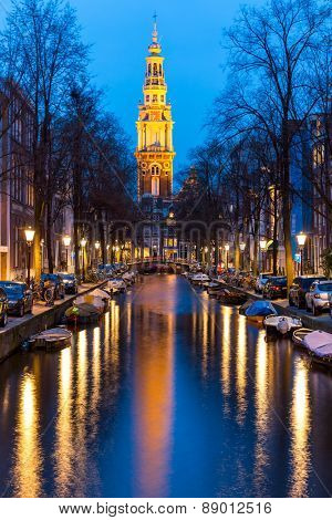 South Church Zuiderkerk and Amsterdam Canals at dusk Natherland