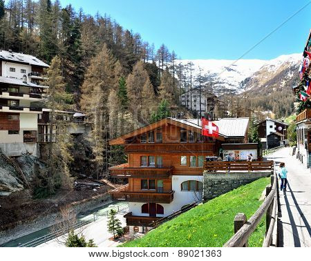 View Of Zermatt House, With A Mountains, Switzerland.
